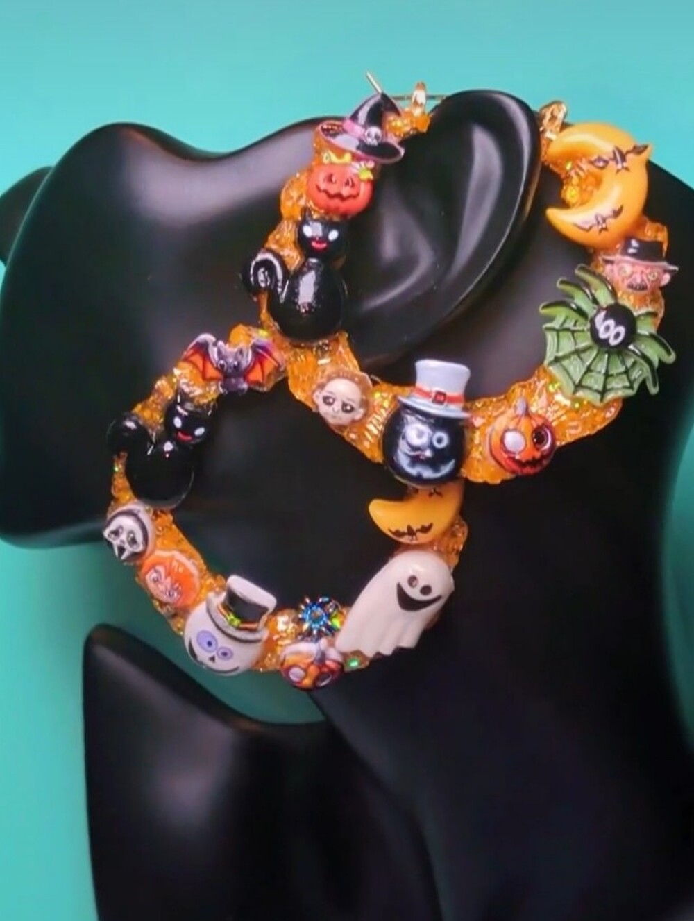 Hand Crafted Orange Halloween Charm Hoop Earrings